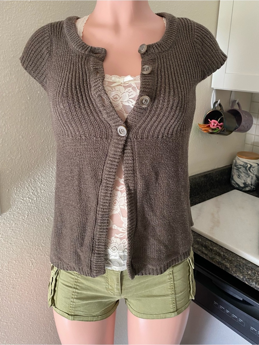 Y2k Abercrombie button up brown short sleeve babydoll sweater cardigan